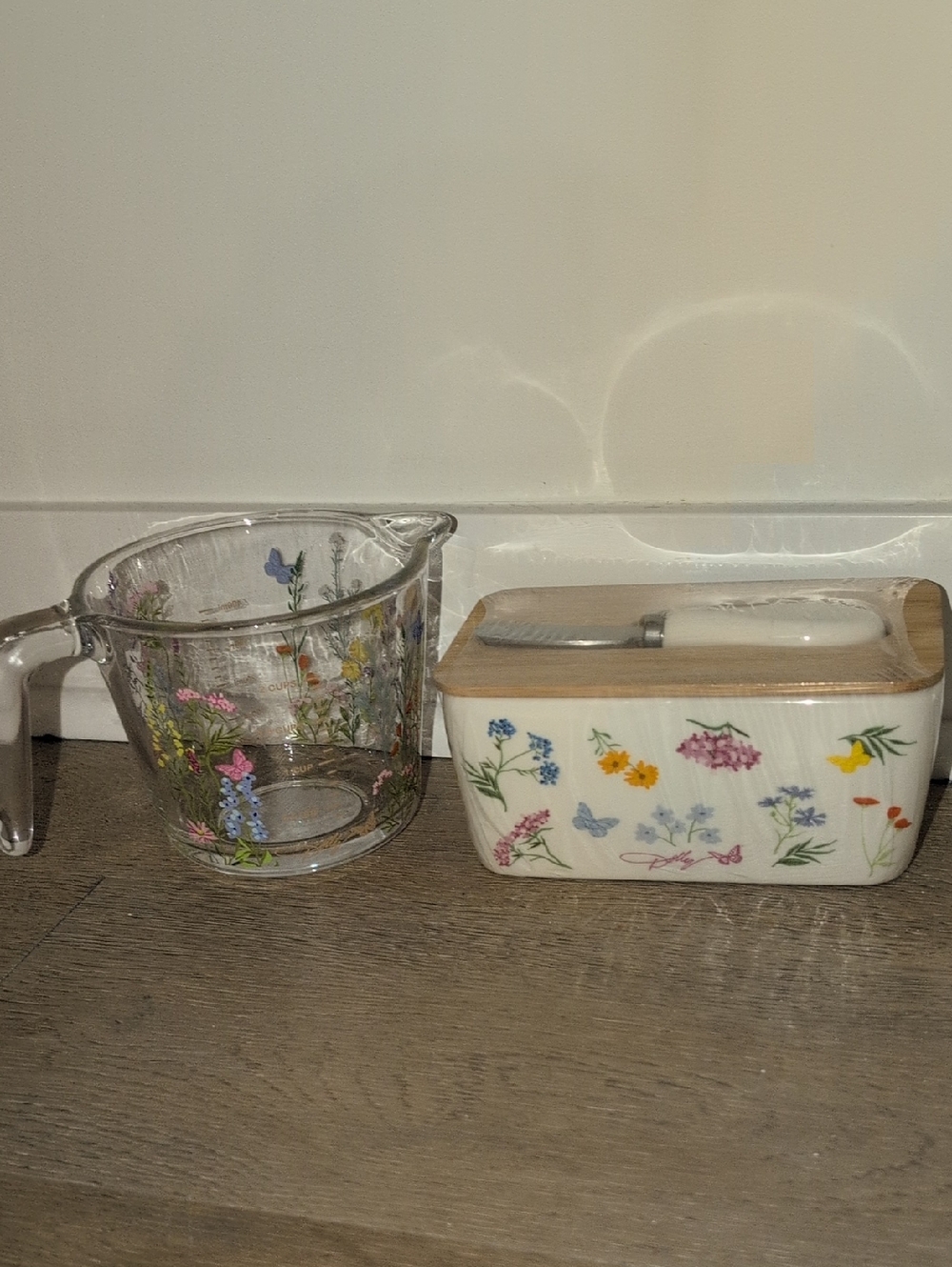 Floral Ceramic Butter Dish with Lid and Spreader W/ Matching Measuring Cup